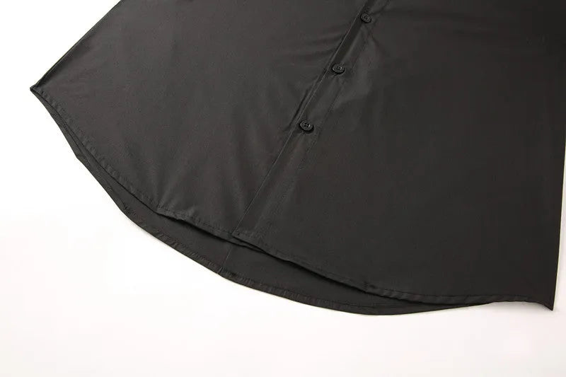 Teenage men's black stand-up collar shirt with fitted silhouette, shown front view, plain background.