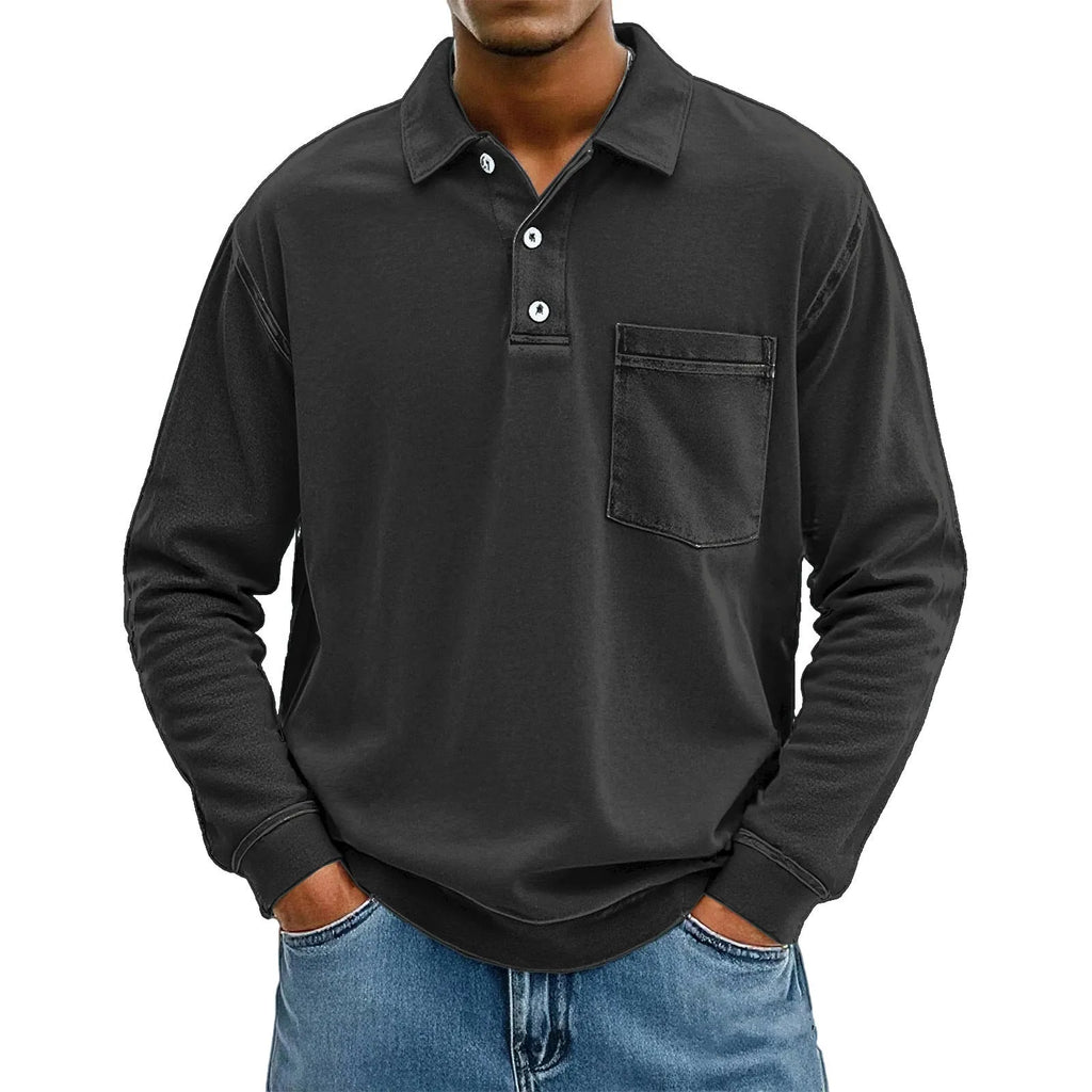 Men's 3D digital print pullover polo shirt with patch pocket in blue, model front view, loose fit polyester top