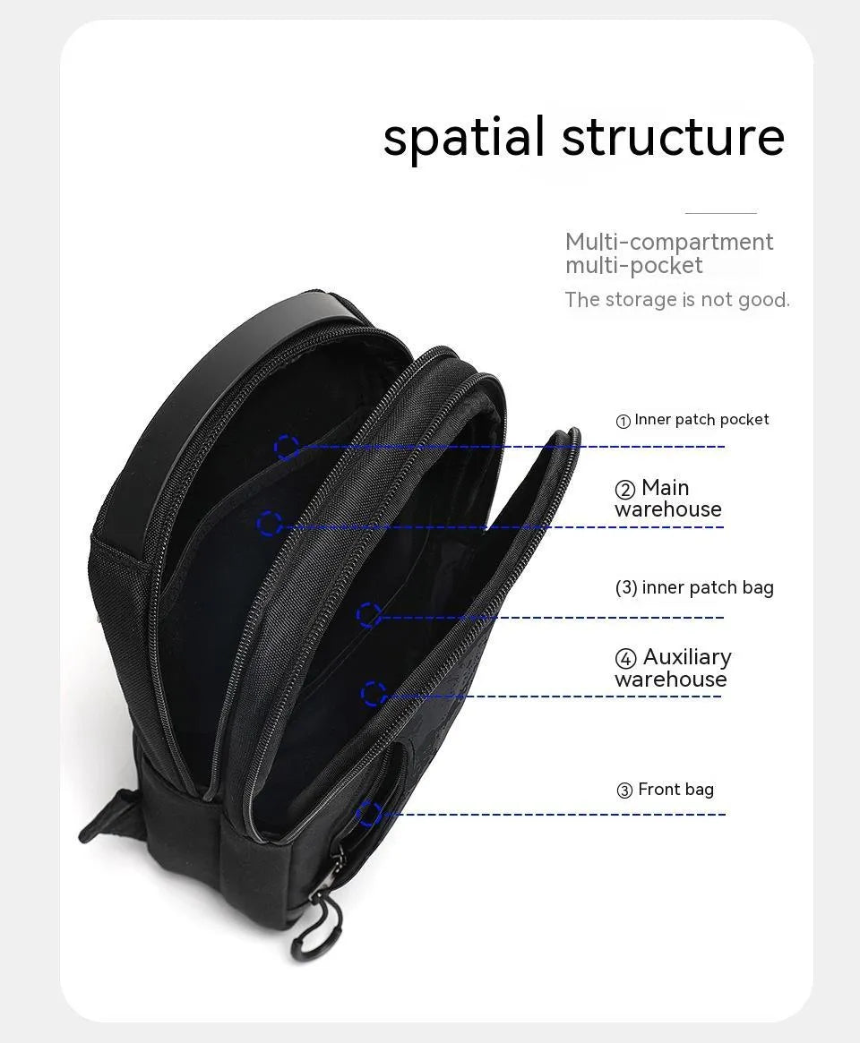 Casual black TPU chest bag with square vertical shape, single shoulder strap, and landscape pattern design