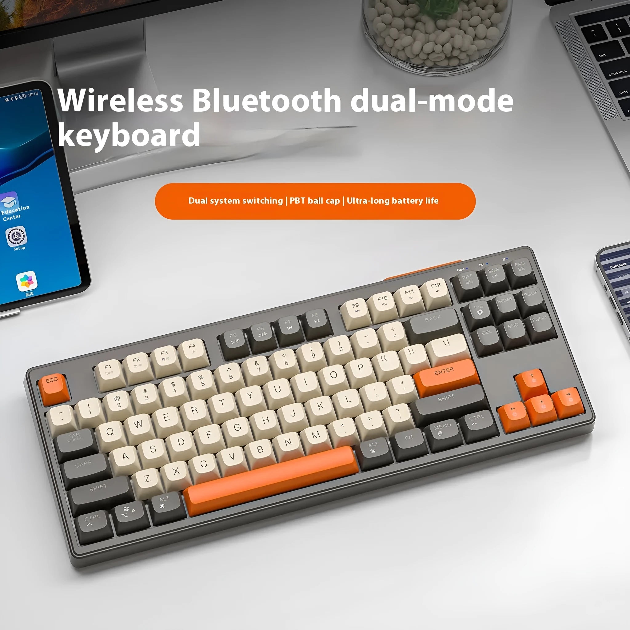 Wireless Bluetooth dual-mode keyboard in blueberry colour with compact 38 cm width design
