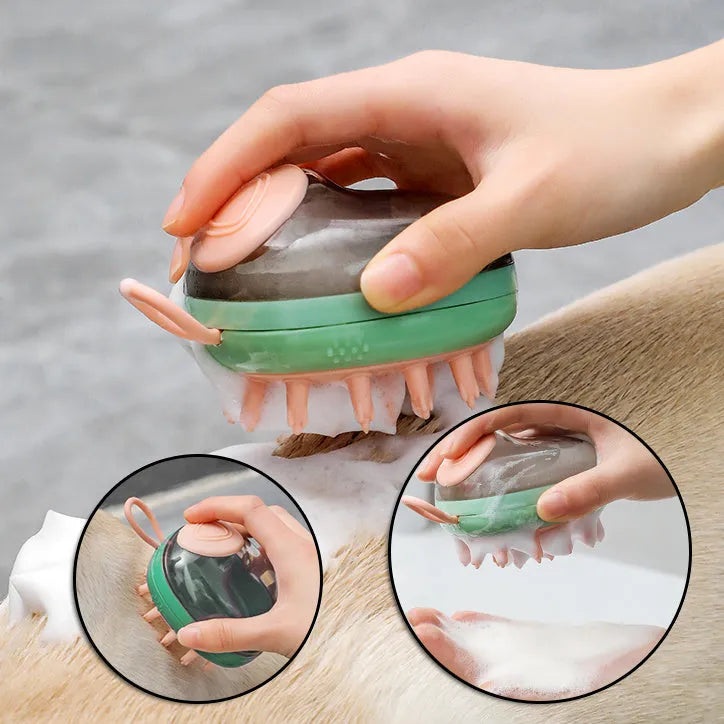 Blue 2-in-1 pet grooming brush with soft silicone bristles and shampoo dispenser on a light background