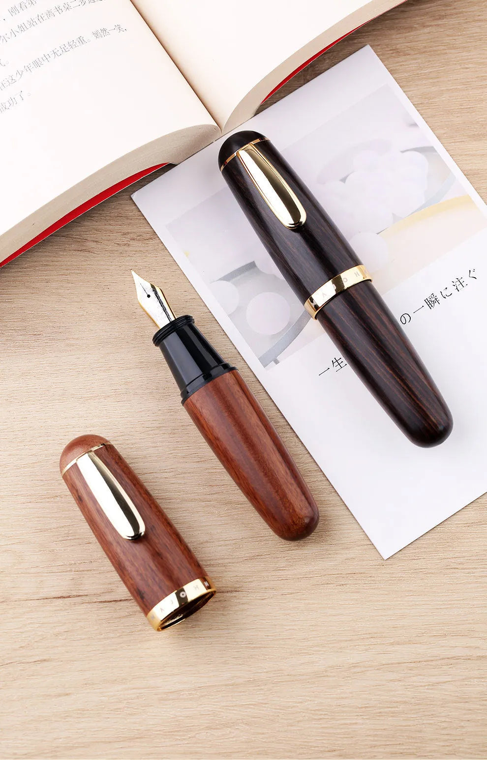 Short chubby solid wood ink pen with fine tip in Ebony Rosewood finish, gift box packaging