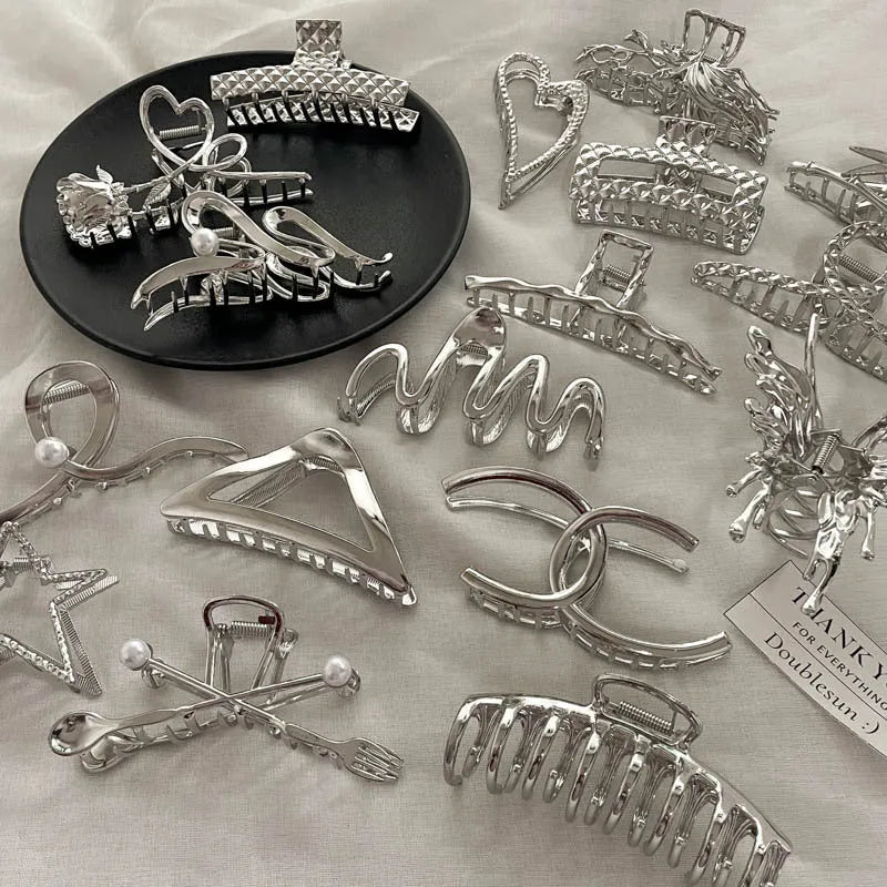 Silver metal barrettes hair claw set with multiple design variations and electroplated finish
