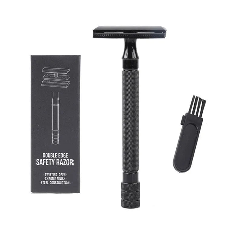 Manual beard scraper and brush set in black or silver metal finish