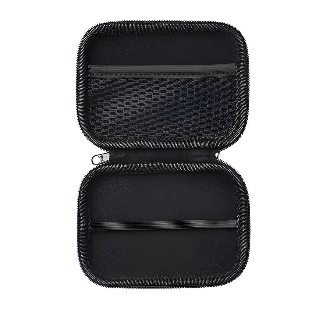 Black hard protective storage case for magnetic wireless power bank, 120x90x27mm, on neutral background