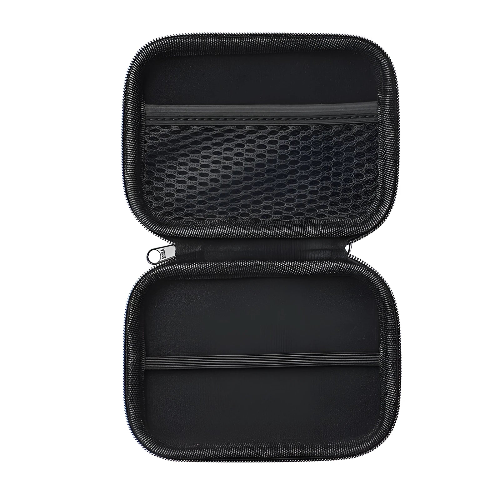 Black hard protective storage case for magnetic wireless power bank, 120x90x27mm, on neutral background