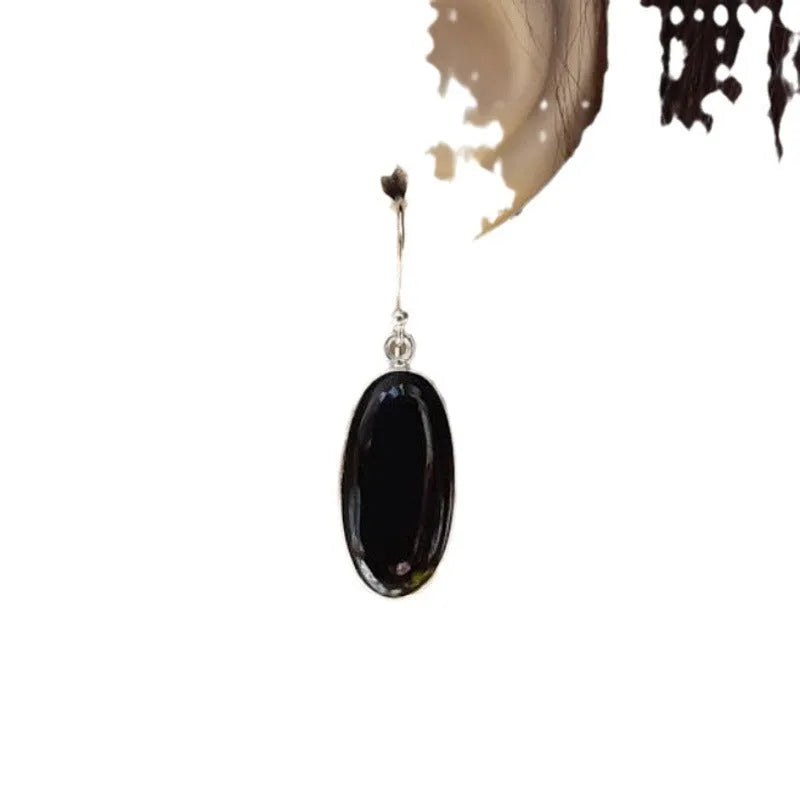 Women's geometric black agate pendant earrings with 925 silver electroplated alloy