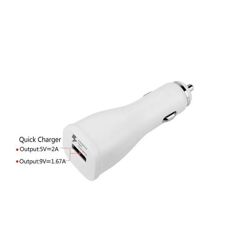 White QC2.0 fast car charger with single USB port for smartphone charging