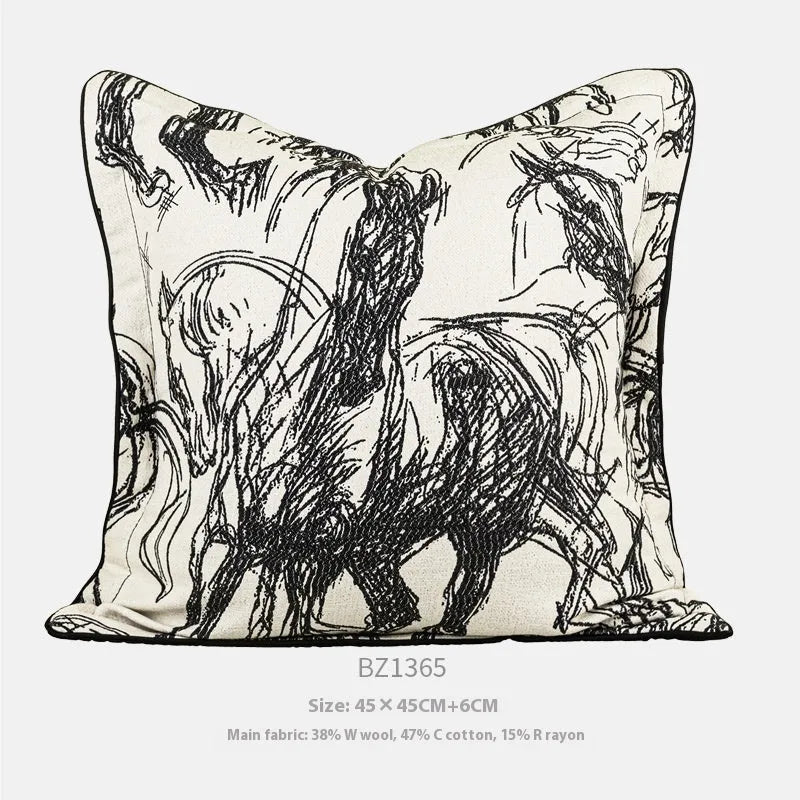 Abstract geometric golden horse design on a jacquard woven polyester cushion cover.