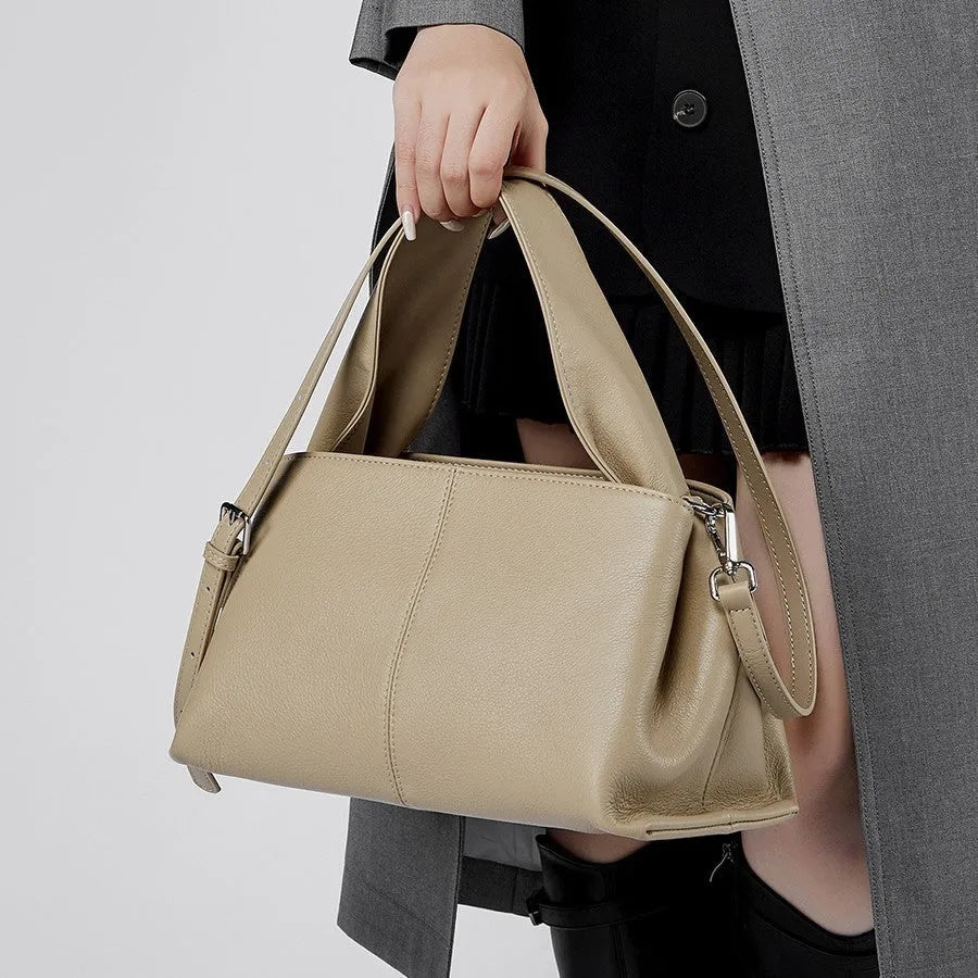 Women's retro texture cowhide messenger bag in horizontal square shape with double shoulder straps