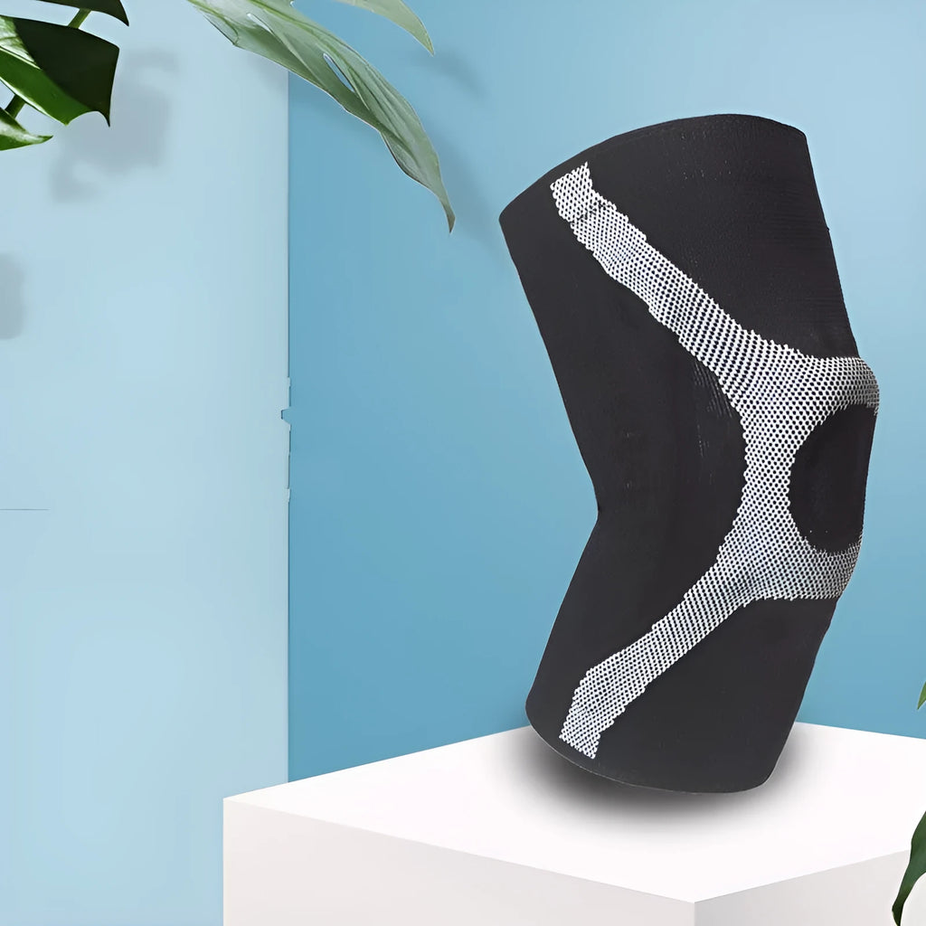 Silicon knitted non-slip knee pads for sports in red and grey colours with four size options