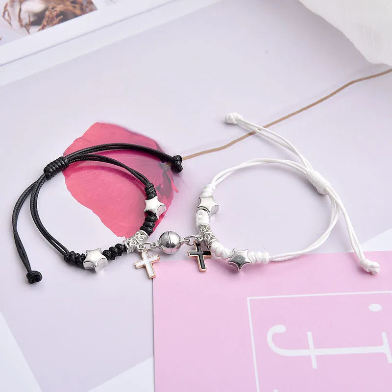 Alloy magnetic suction bracelet pair for couples with symbolic design options