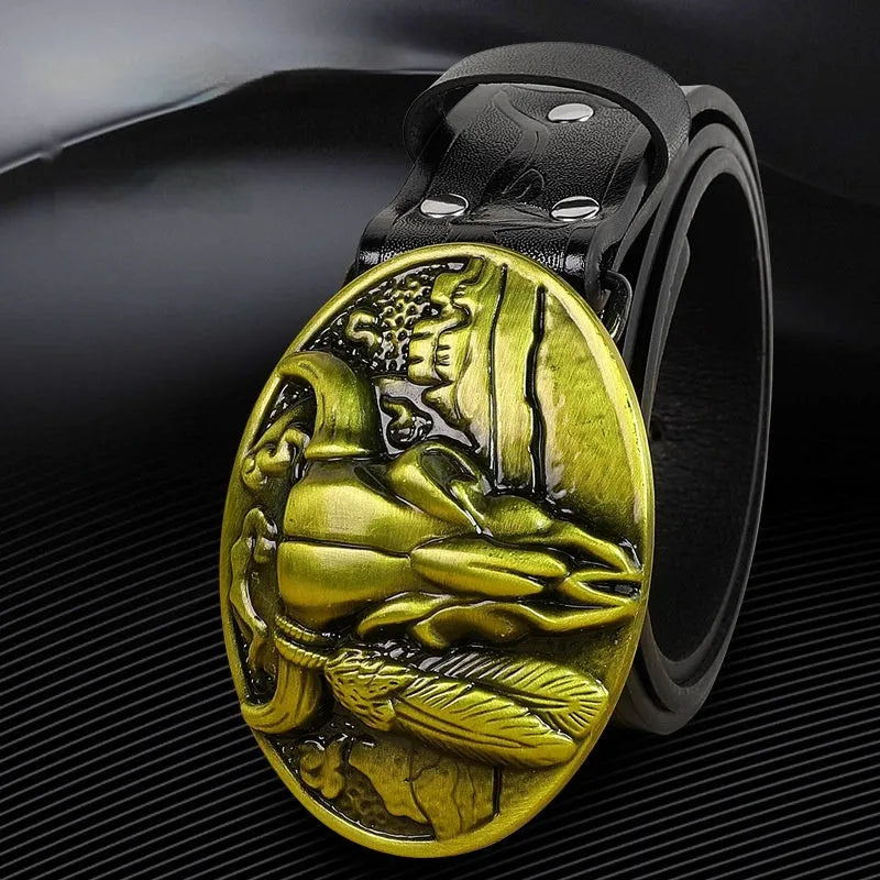 Men's brown imitation leather belt with a detailed electroplated alloy cow head buckle.
