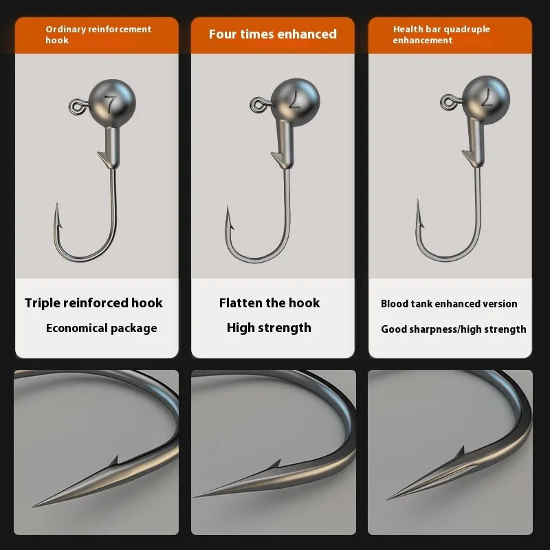 Enhanced 50 piece jig hook fishing tackle set showing steel construction and hook design