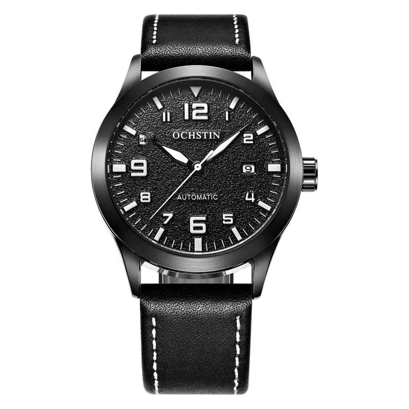 Men's retro automatic watch with leather strap in black and silver colour options