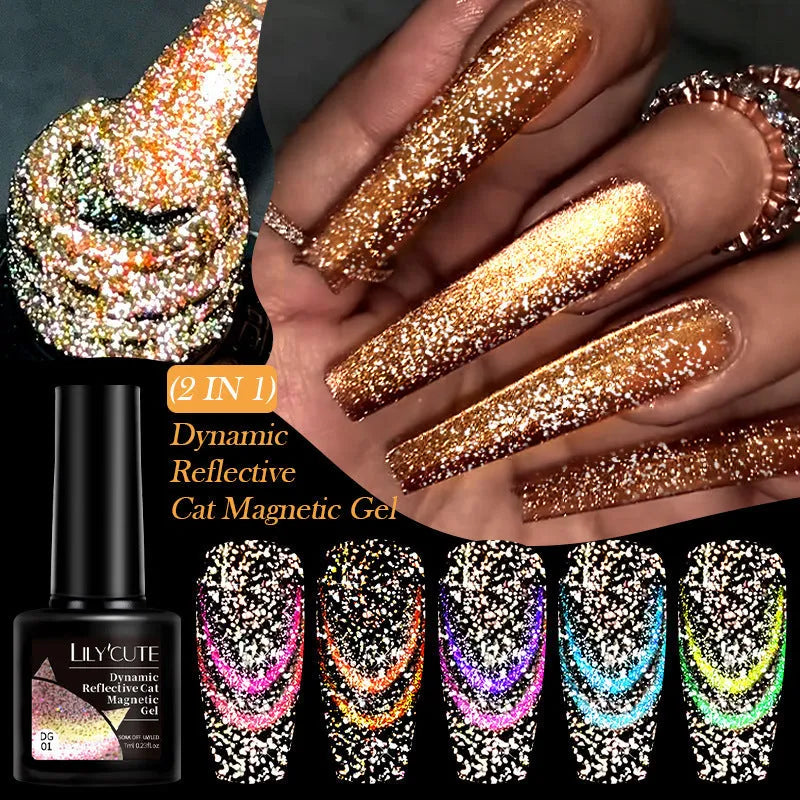 Cat eye nail polish gel bottles showing six colour options with diamond glitter fragments