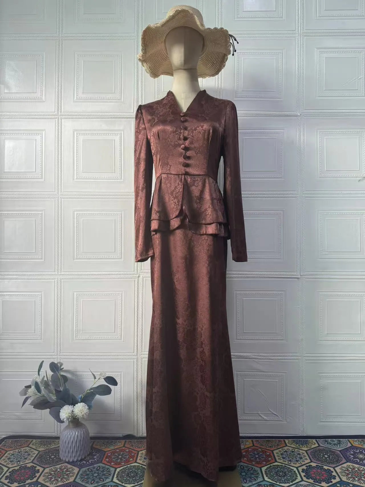 Dark brown long sleeve floral dress with button details and a fake two-piece retro design.