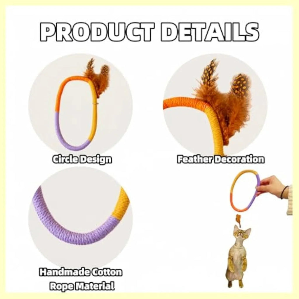 Green circular cotton rope cat toy with feathers and catnip for interactive play and dental cleaning