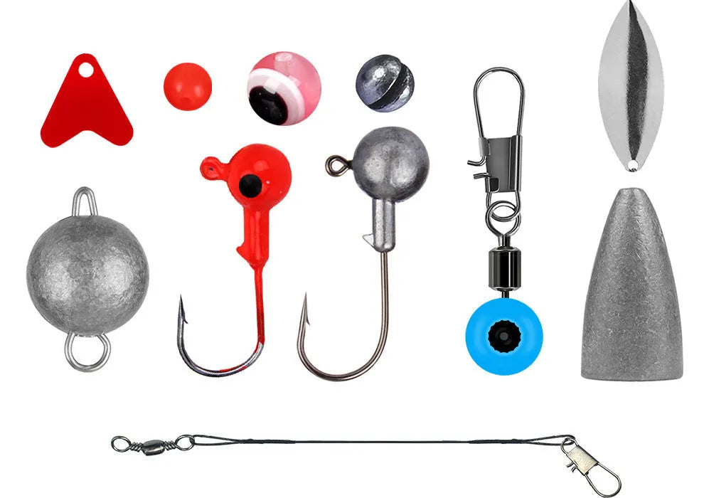Orange or black ABS tackle box containing 257 fishing lure accessories including hooks, sinkers, and swivels
