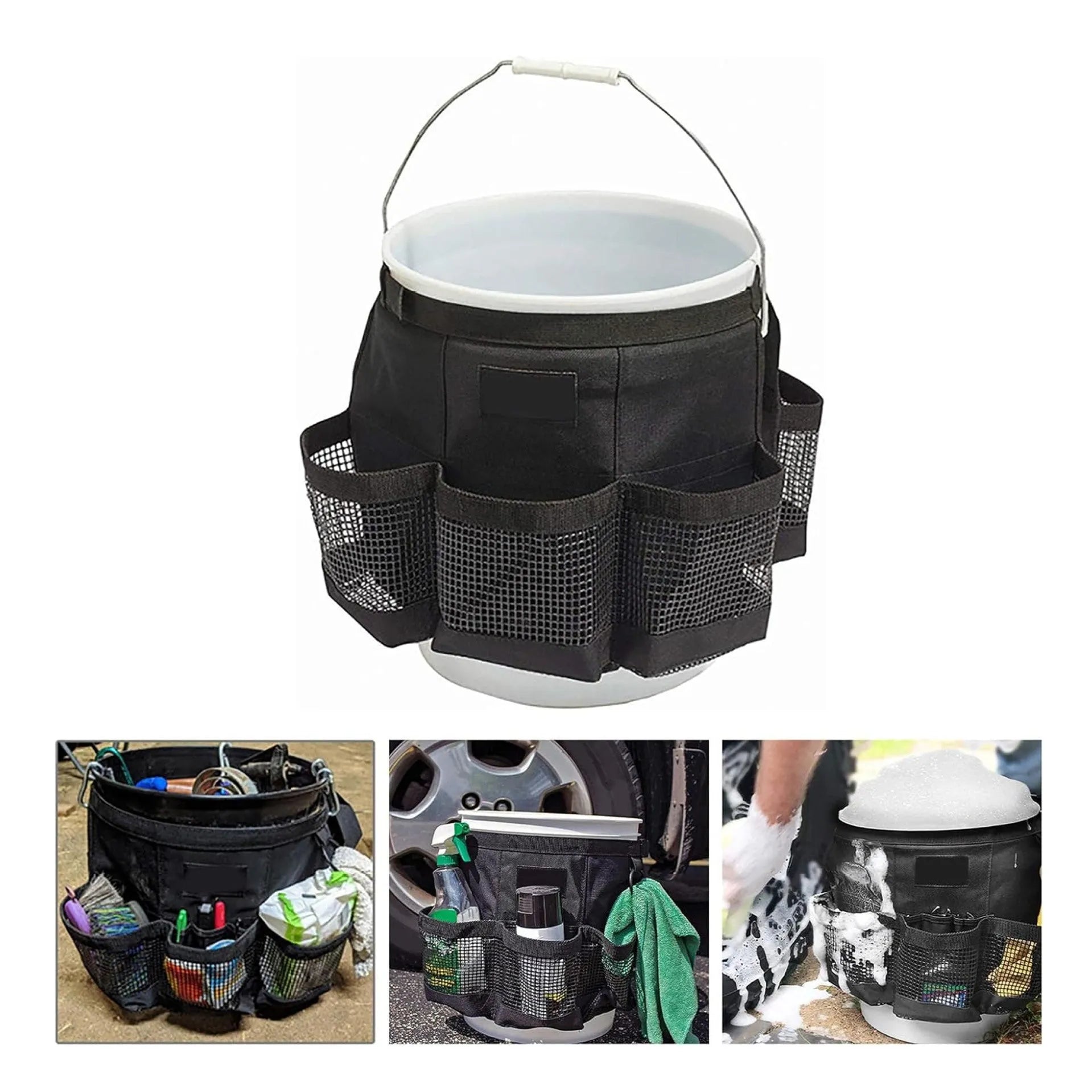 Black polyester bucket storage bag hanging on 5 gallon bucket for tool organisation