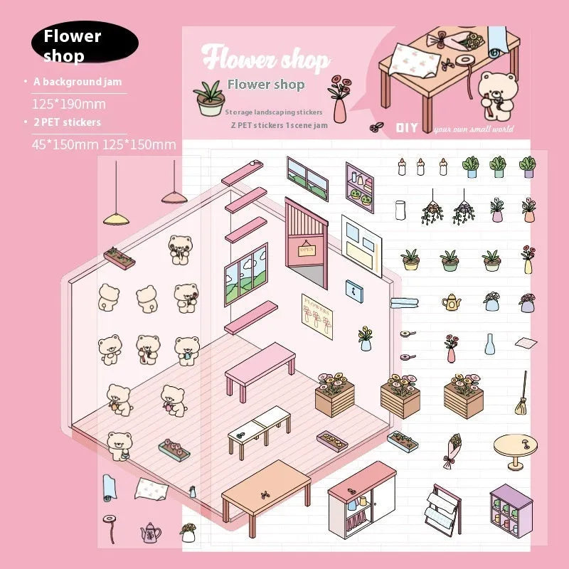 Capabala cut-free cartoon PET decorative sticker sheet in eight colour themes on a 190x125mm sheet.