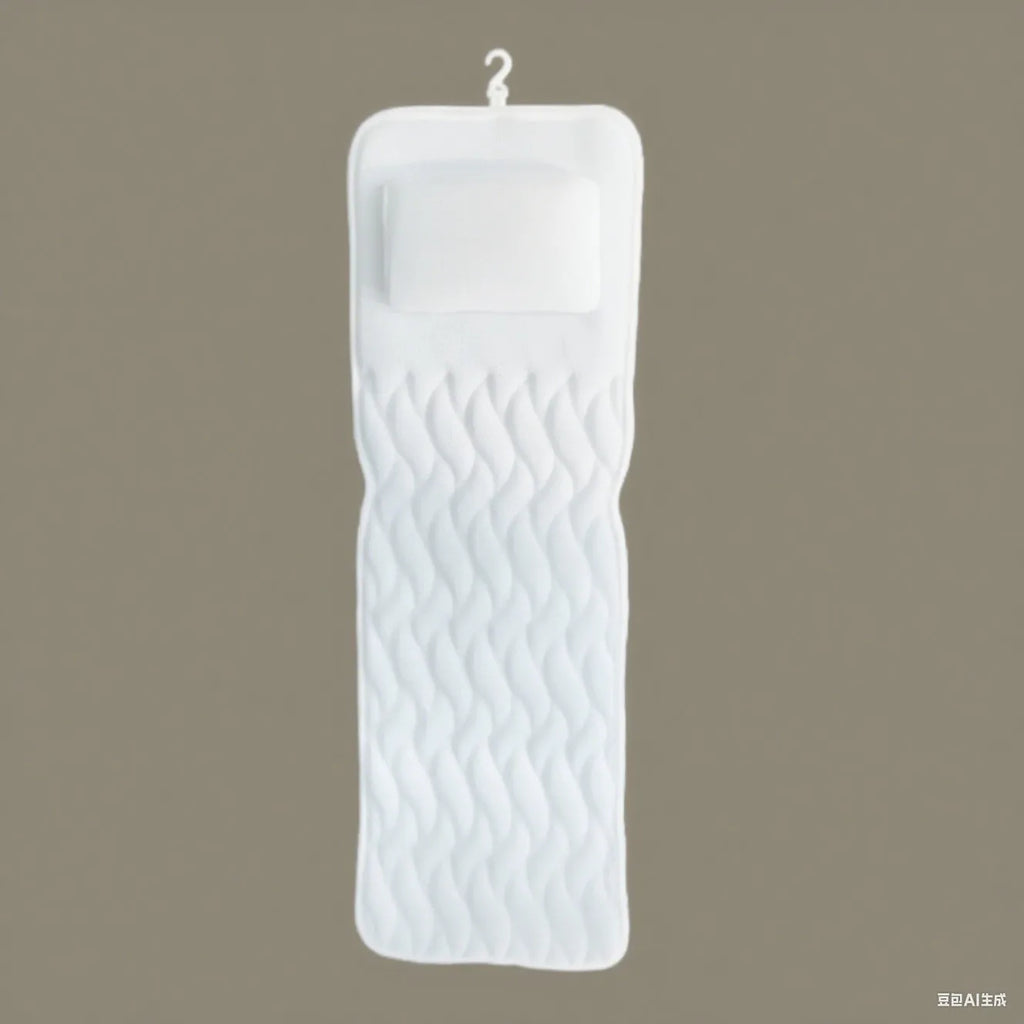 White bathtub pillow with 4D mesh fabric and multiple suction cups on a tub.