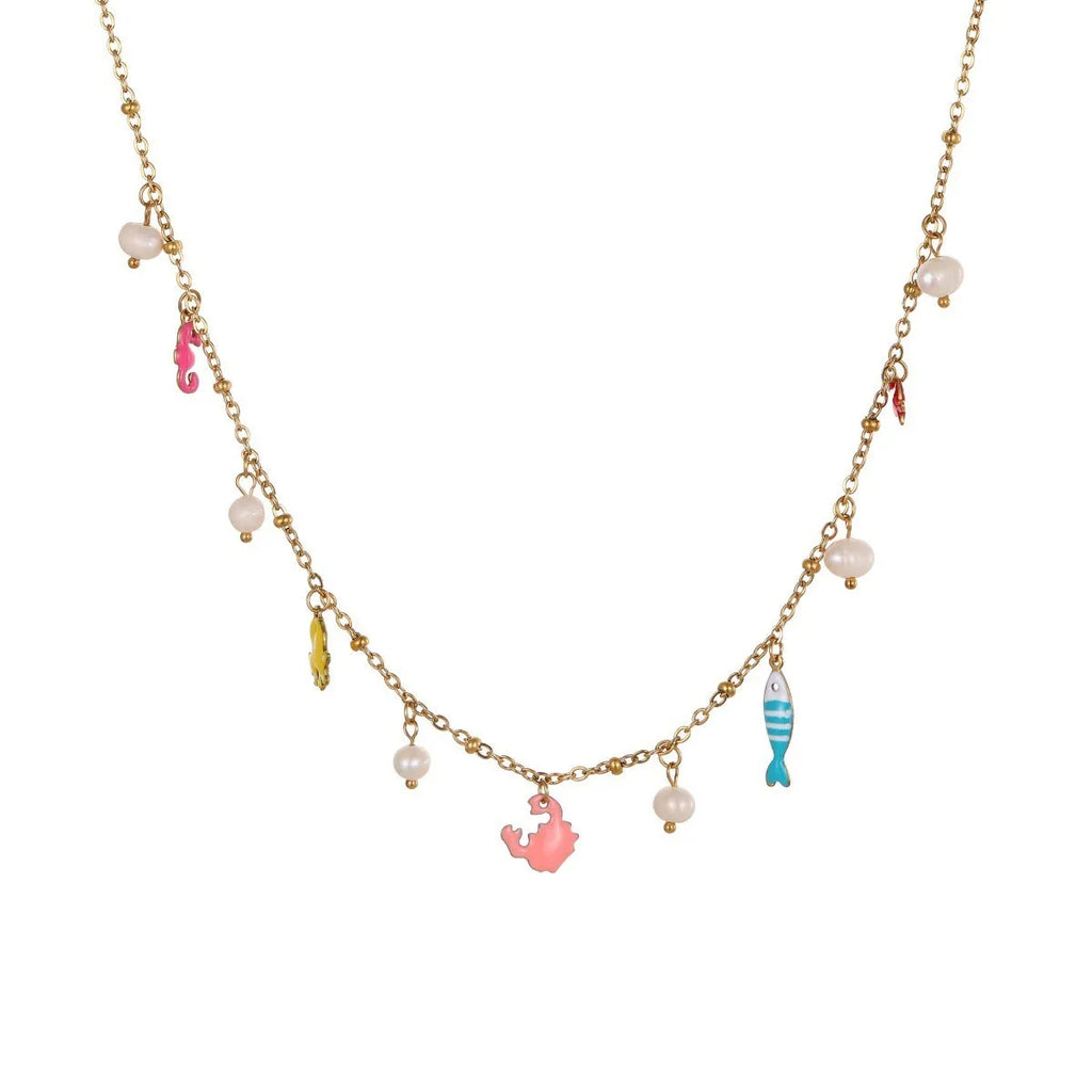 Stainless steel geometric pendant necklace with 18K electroplate and matching alloy bracelet on surface