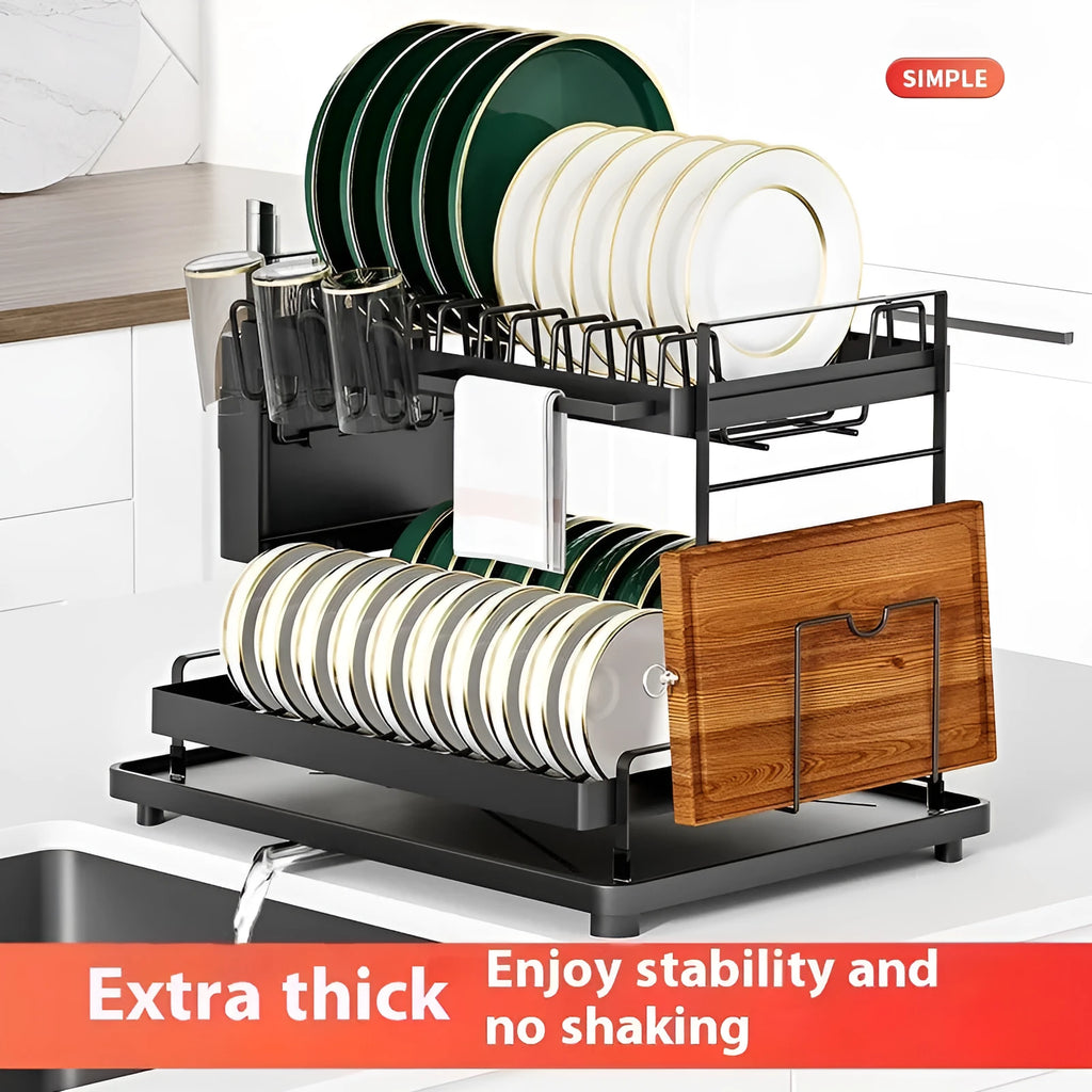 White double-layer kitchen storage rack with removable draining component on counter