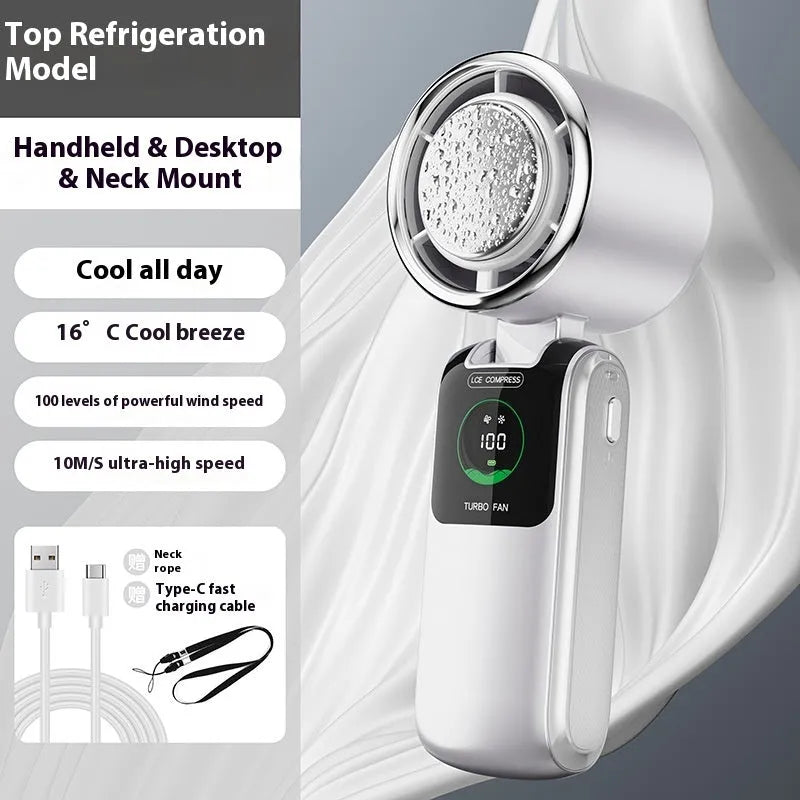 New folding handheld fan with brushless motor and 4000mAh battery in blue colour, showing multiple speed settings