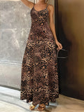 Dark brown leopard print sleeveless dress with loose fit and round neck