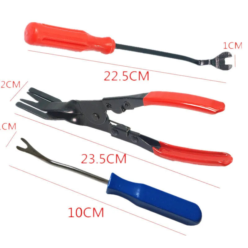 Red handle automotive door panel clip removal pliers for General Motors vehicles with light switch functionality