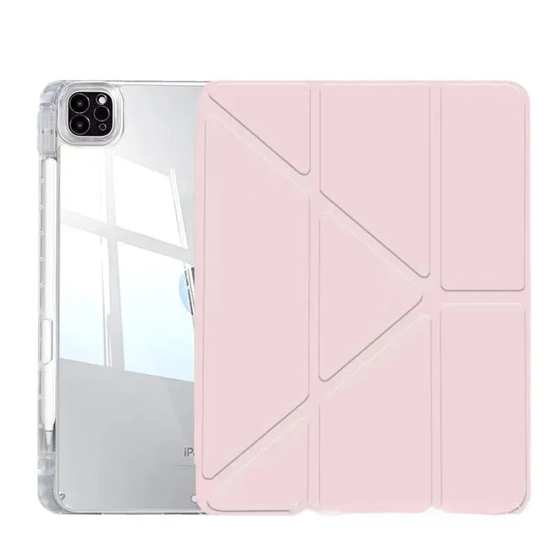 Transparent acrylic iPad case with a folding magnetic stand, shown in multiple colour options.