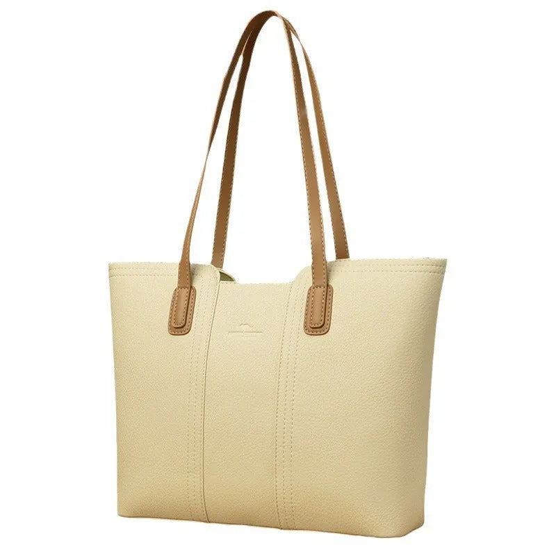 Women's genuine leather shoulder bag in light beige with high capacity and three-dimensional pocket, business commute style