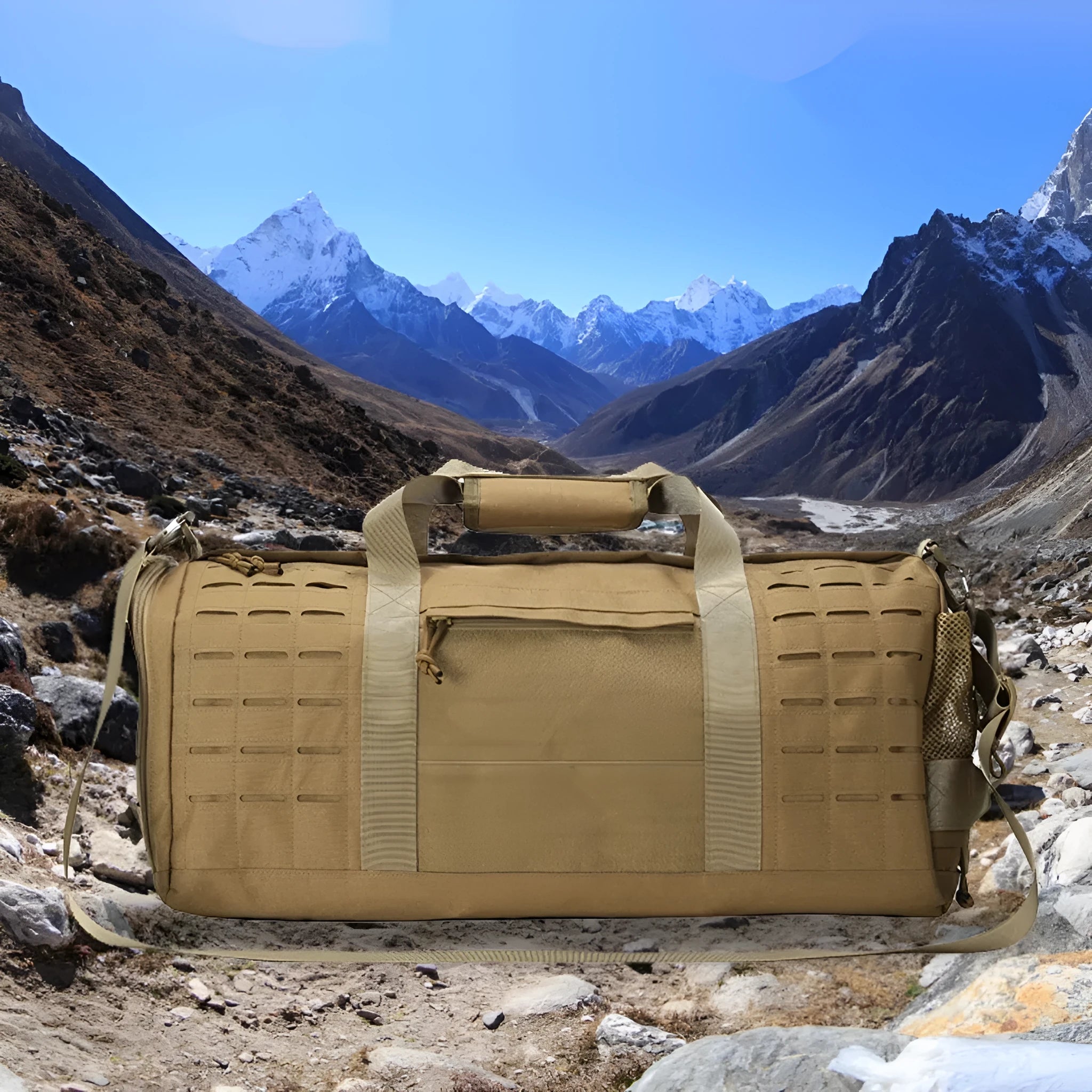 Men's khaki waterproof Oxford cloth sports travel bag with air pillow strap, shown with dimensions 56x26x25cm.