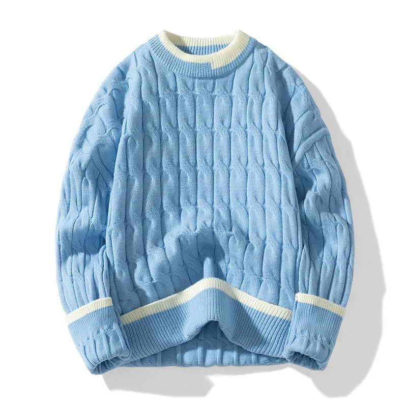 Men's loose fit grey pullover sweater with long sleeves on a hanger.