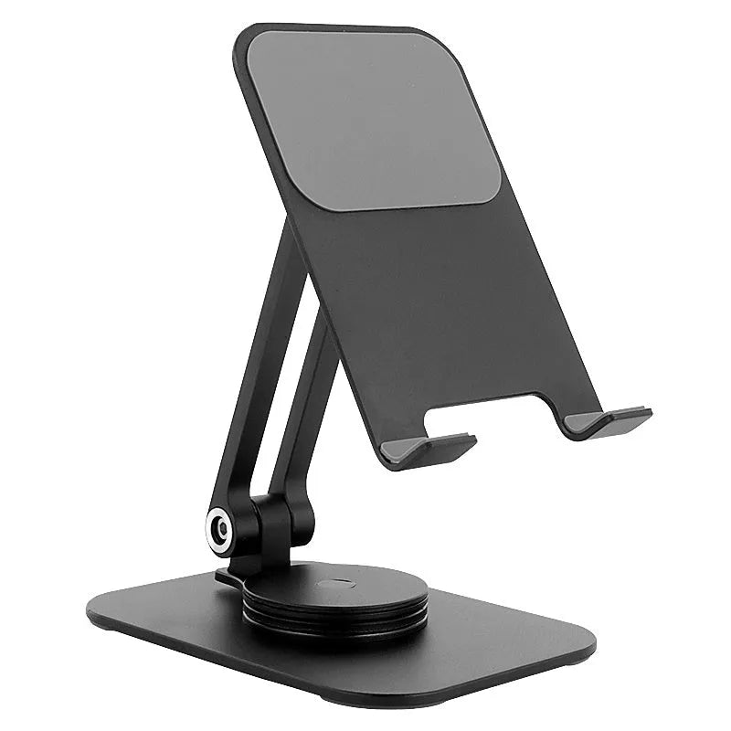 Aluminium alloy rotary desktop mobile phone holder in silver grey with silicone pad, unfolded on desk