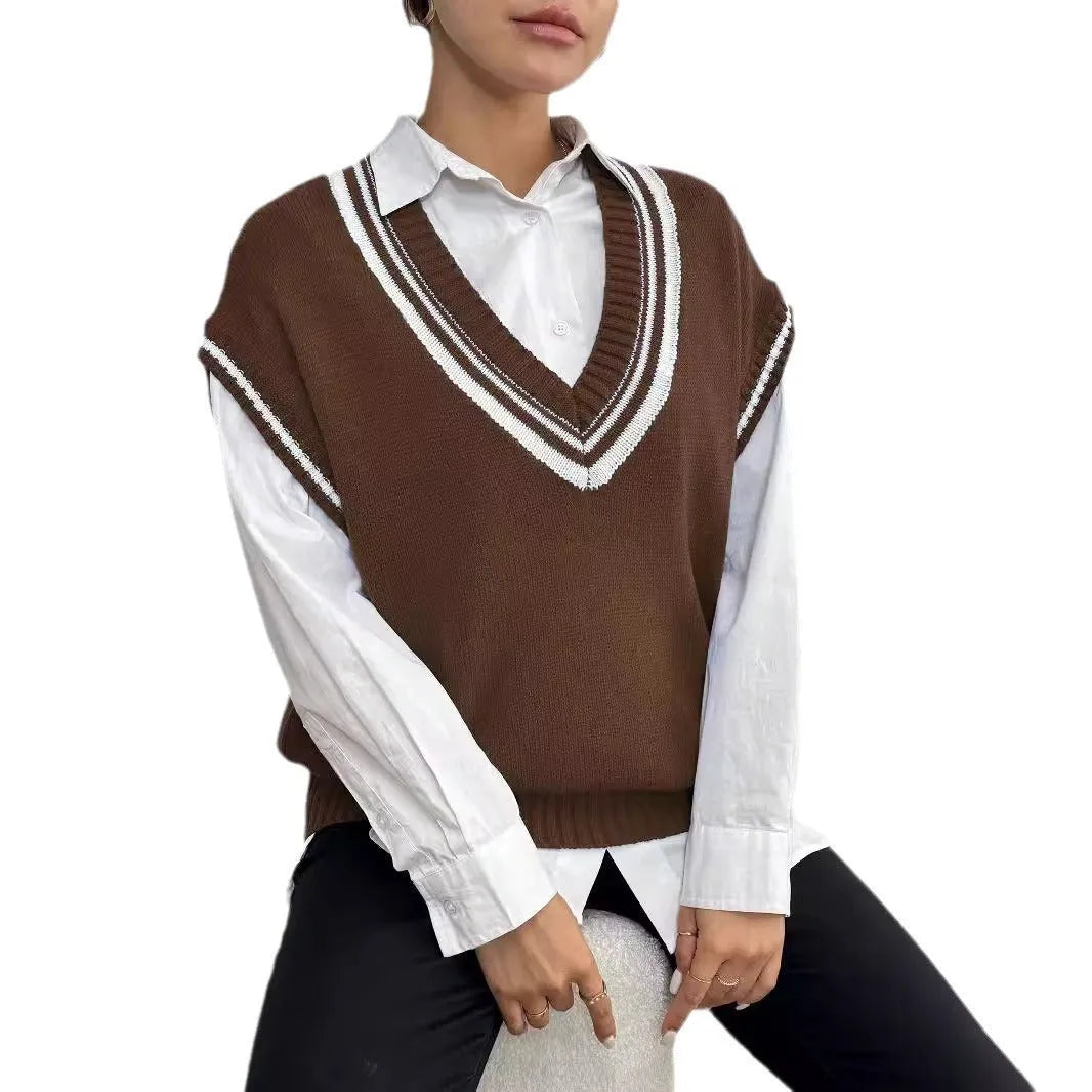 Women's casual vest sweater in wool blend fabric with loose fit and college style design