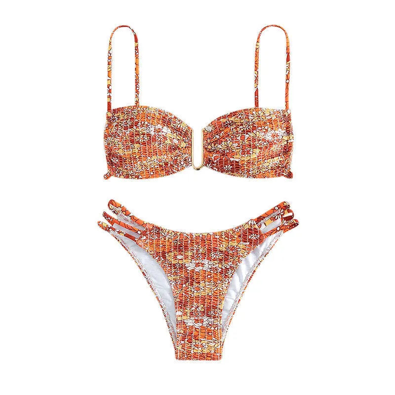 Women's floral bikini swimsuit with high-waist design in blue colour