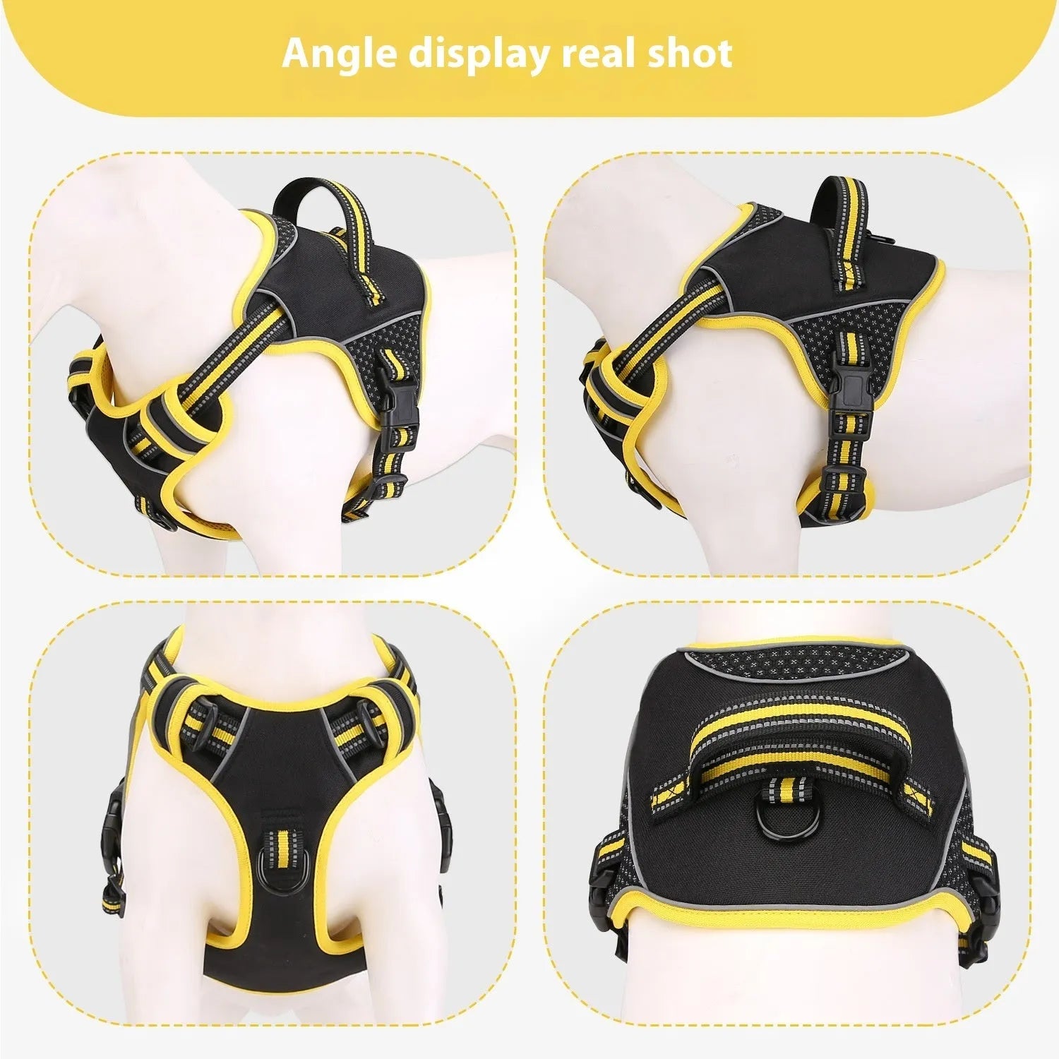 Yellow and orange polyester dog harness traction strap for outdoor pet control in three sizes