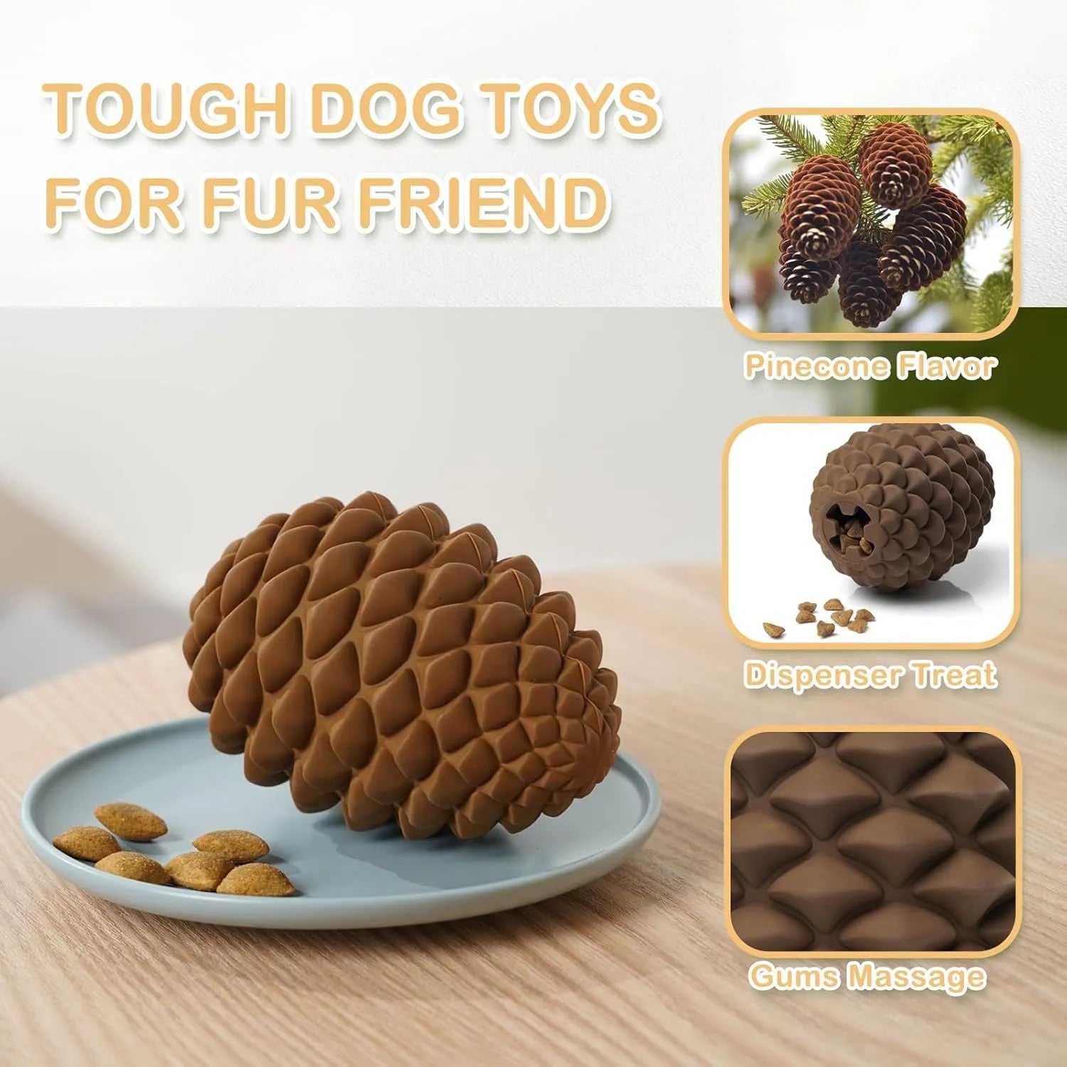 Yellow pine cone shaped dog chew toy with treat dispenser for medium and large breed dogs