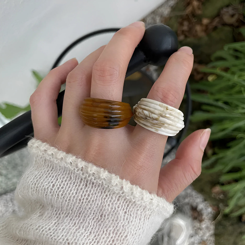 Irregular geometric wide resin ring in Maillard Brown colour, Chinese retro style.