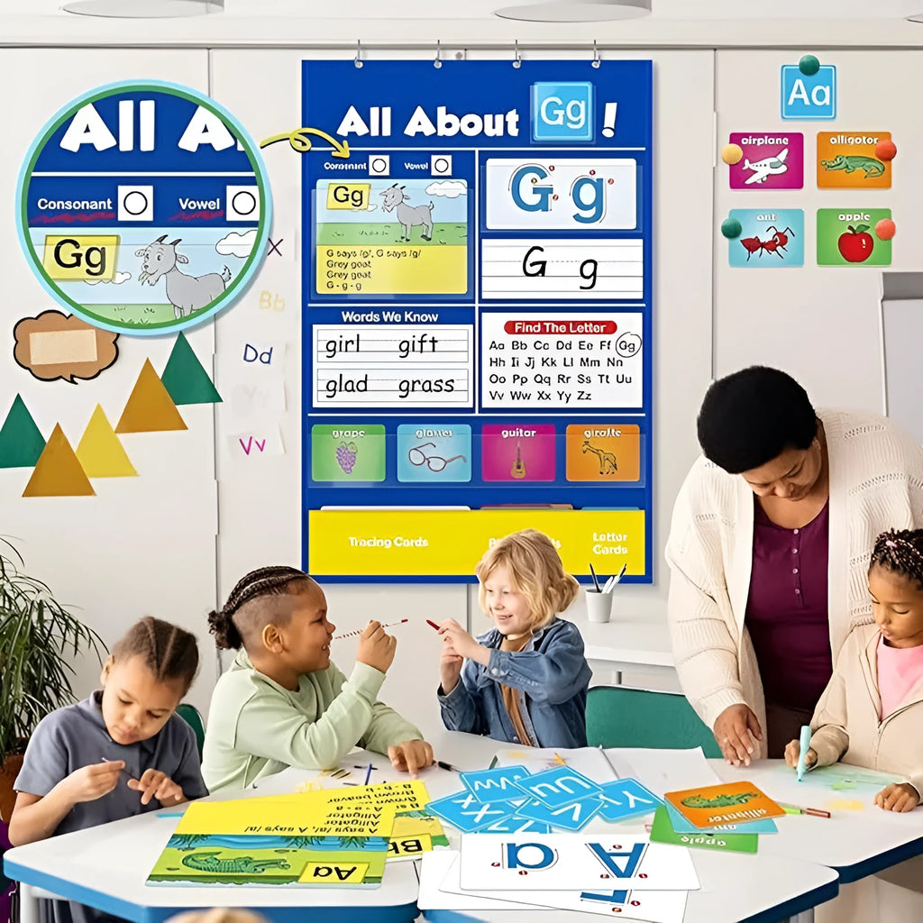 Alphabet learning sleeve table chart with educational cards measuring 60x40cm