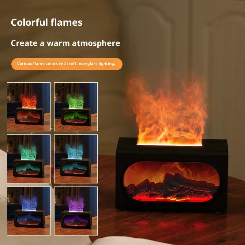 Black desktop fireplace aroma diffuser with colourful simulation flame and remote control