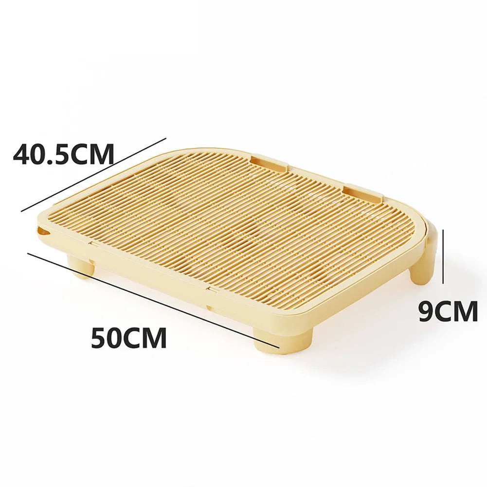 Milk yellow plastic cat litter mat with anti-slip silicone feet, dimensions 40cm by 40.5cm.