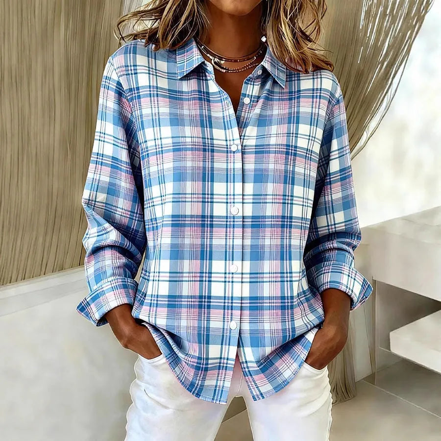 Women's long-sleeved lapel plaid button shirt top in polyester cotton blend, retro cardigan style, light brown colour