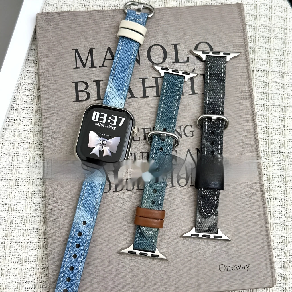 Washed denim watch band for Apple Watch in dark blue, light blue, and black