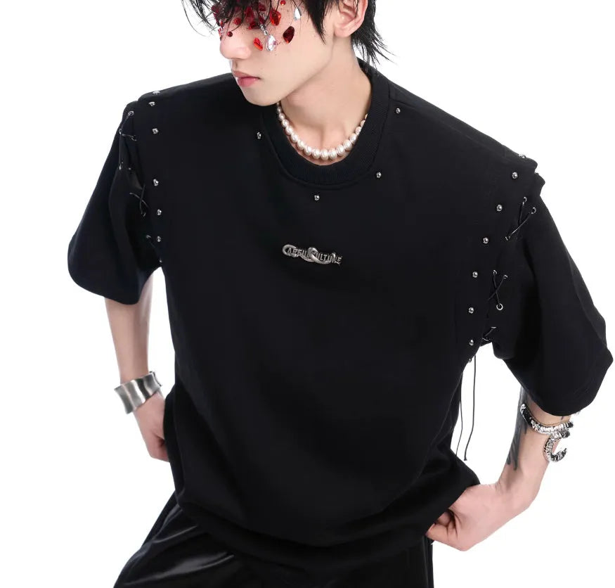Short sleeve black t-shirt with lace-up cutout design on front