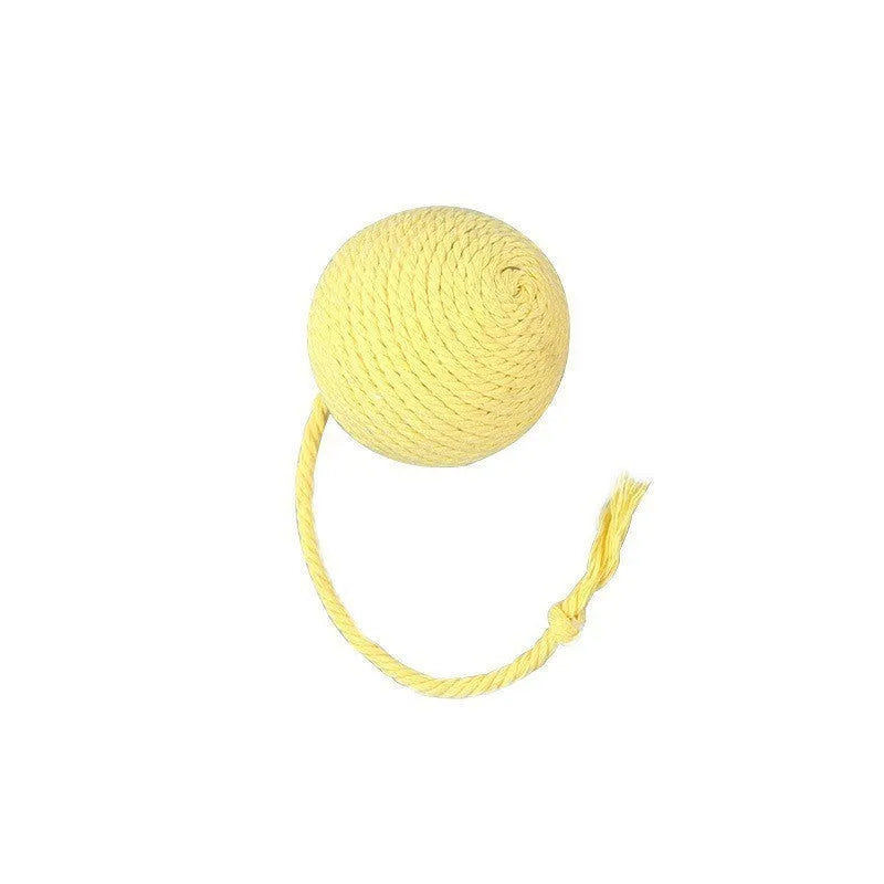 Cat toy ball with rope and bell in green pink purple yellow colours showing 3cm and 6cm size options