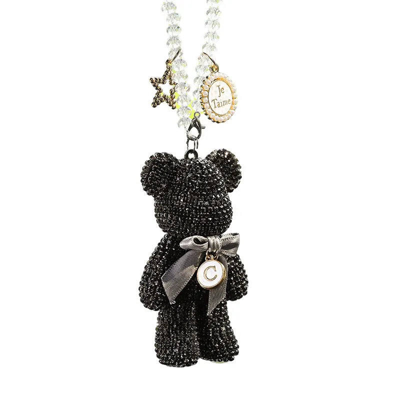 Diamond-embedded violent bear car rearview mirror pendant ornament in black, white, or mixed pastel.