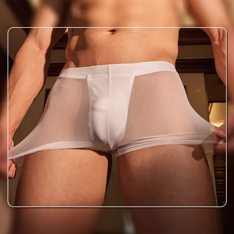 Men's black ultra-thin nylon boxer briefs laid flat, free size